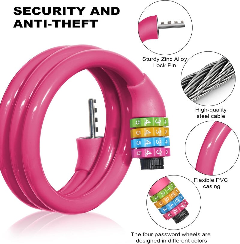 Ainiv 25 Inch Bike Lock Cable, Portable Anti Theft 4 Digits Codes Cable Locks, Resettable Combinations Coiling Bicycle Lock for Bike, Motorbike, Scooter, Skateboard, Gate, Fence (Rose Red) - Image 3